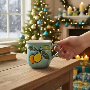 🍊 🍋Vintage Fruit Mug ☕ Hand Painted Ceramic Stoneware Rustic Cup🍐🍋‍🟩